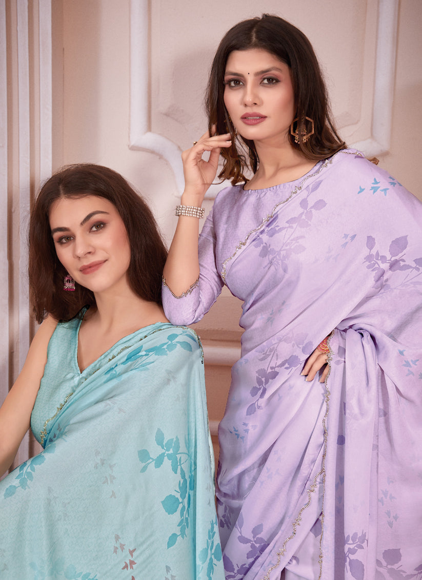 Sky Blue Pure Satin Georgette Party Wear Saree