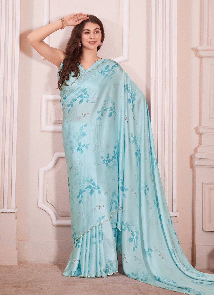 Sky Blue Pure Satin Georgette Party Wear Saree