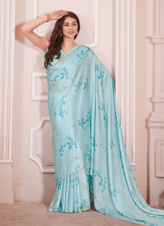 Sky Blue Pure Satin Georgette Party Wear Saree