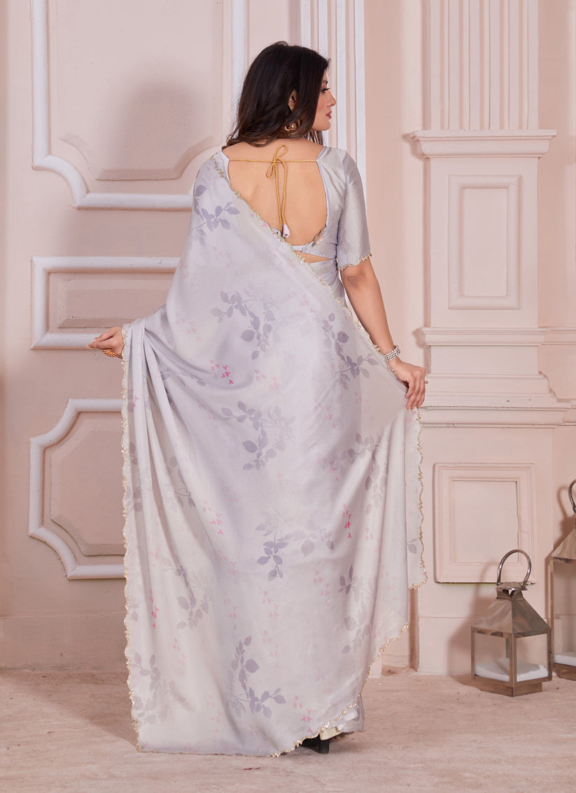 Grey Pure Satin Georgette Party Wear Saree