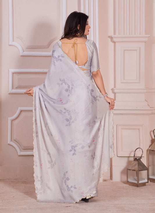 Grey Pure Satin Georgette Party Wear Saree