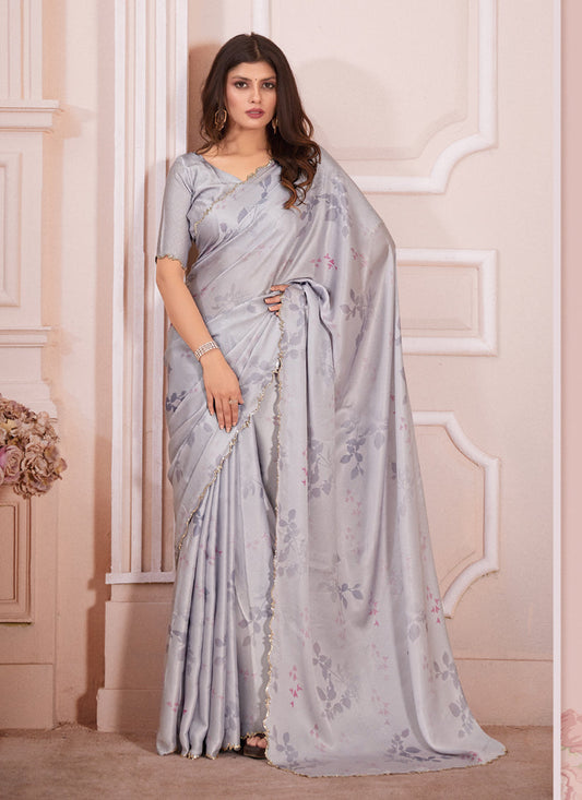 Grey Pure Satin Georgette Party Wear Saree