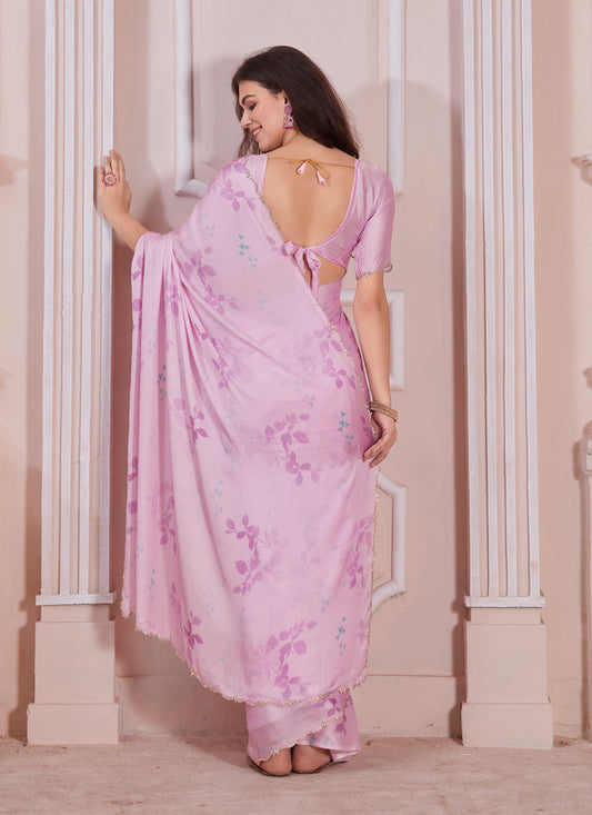 Rose Pink Pure Satin Georgette Party Wear Saree