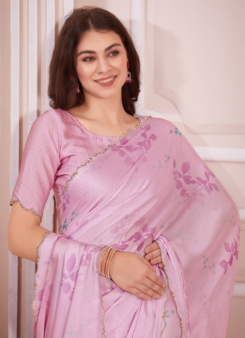 Rose Pink Pure Satin Georgette Party Wear Saree