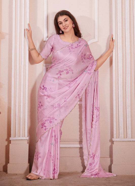 Rose Pink Pure Satin Georgette Party Wear Saree