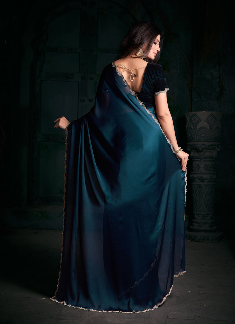 Teal Blue Pure Satin Chiffon Party Wear Saree