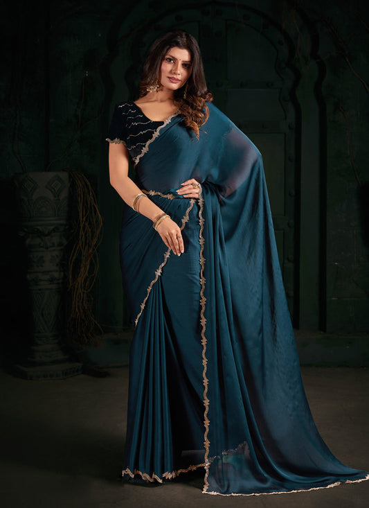 Teal Blue Pure Satin Chiffon Party Wear Saree