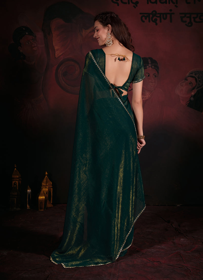 Pine Green Embellished Crushed Zari Fabric Saree