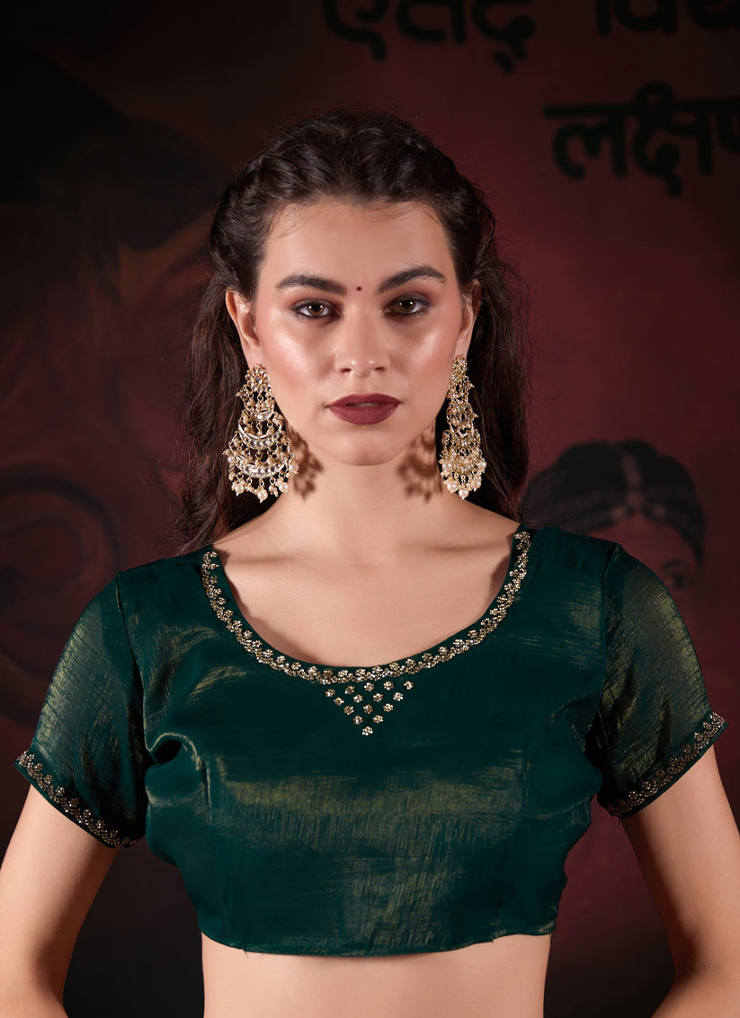 Pine Green Embellished Crushed Zari Fabric Saree