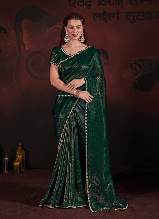 Pine Green Embellished Crushed Zari Fabric Saree