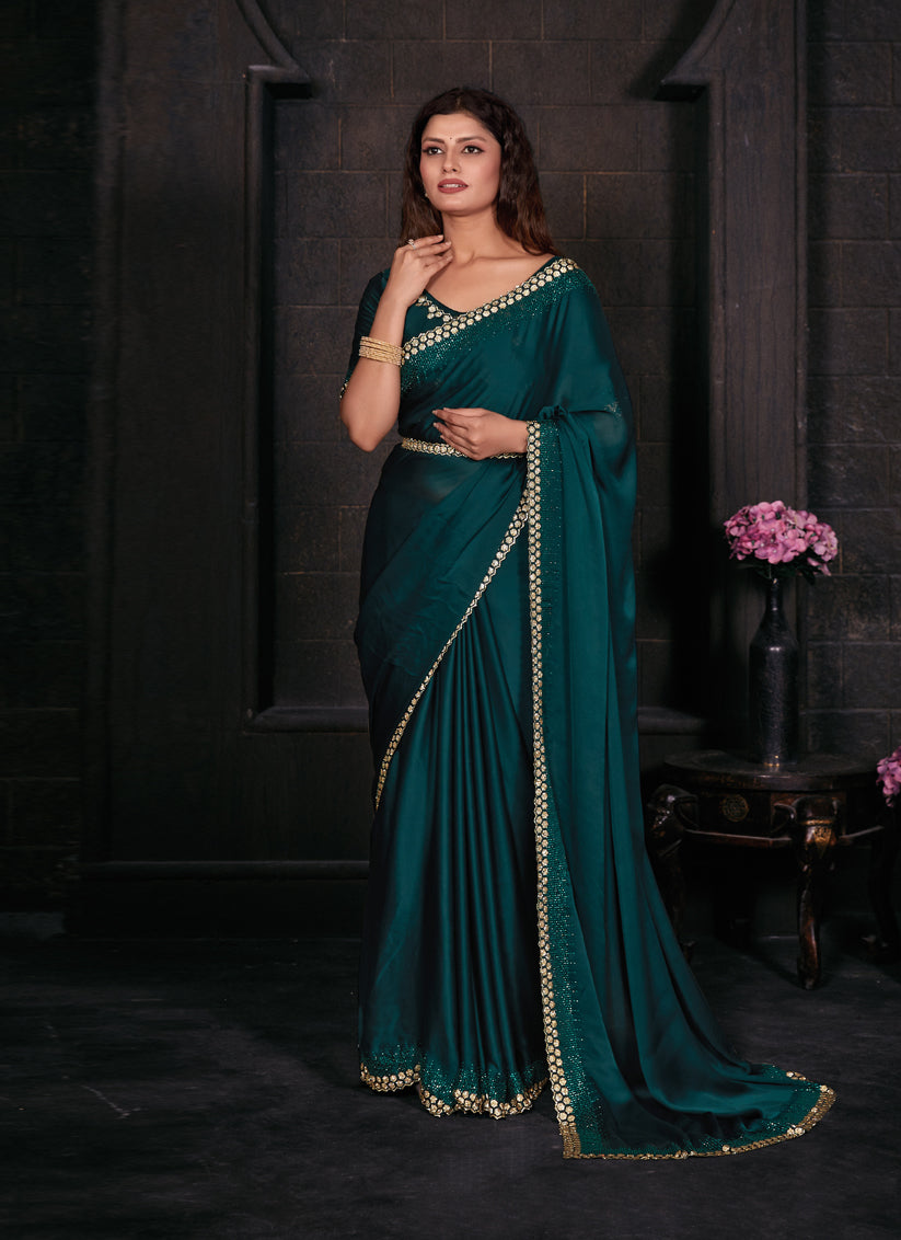 Morpich Embellished Satin Georgette Saree