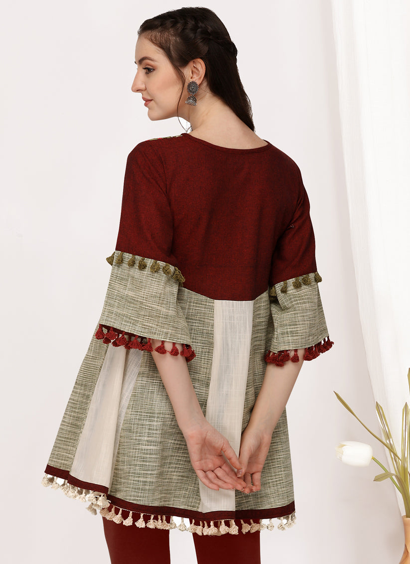 Maroon and Off White Cotton Embroidered Navaratri Kedia