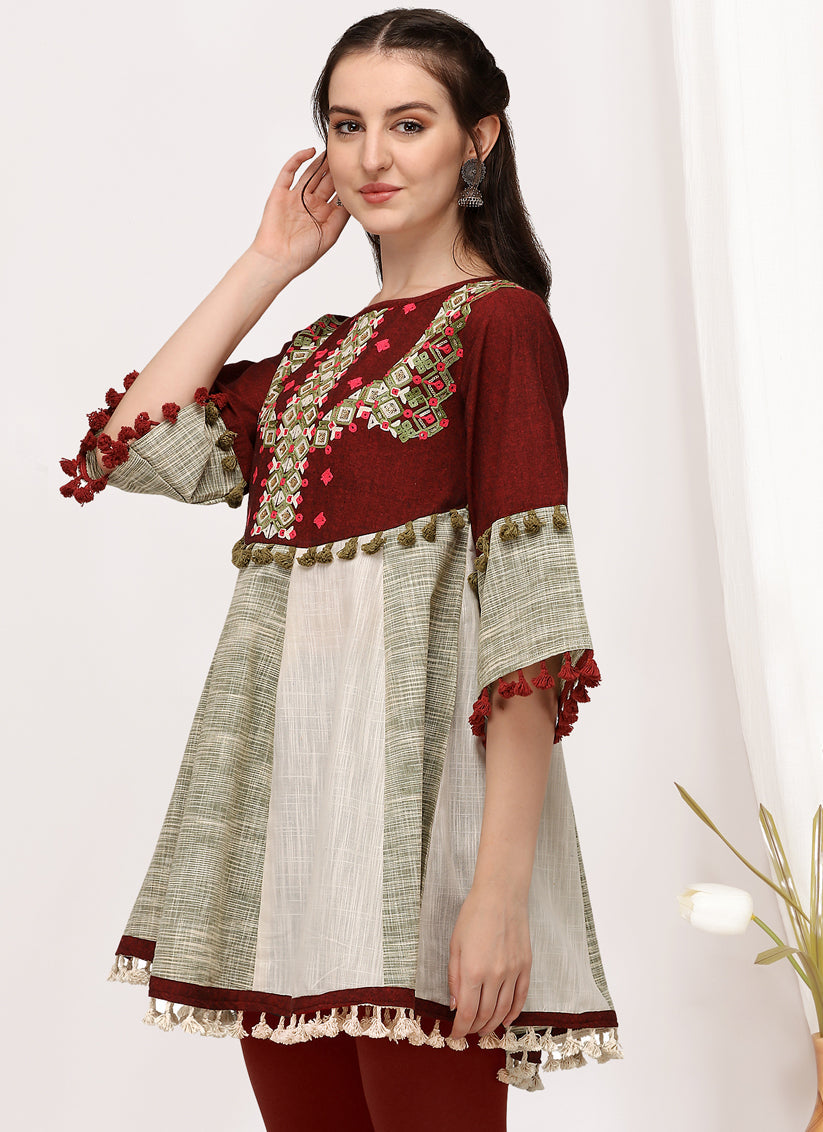 Maroon and Off White Cotton Embroidered Navaratri Kedia