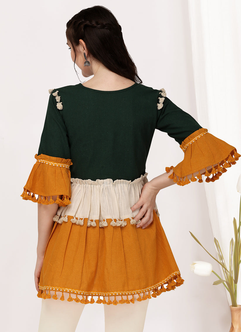 Green and Yellow Cotton Embroidered Navaratri Kedia