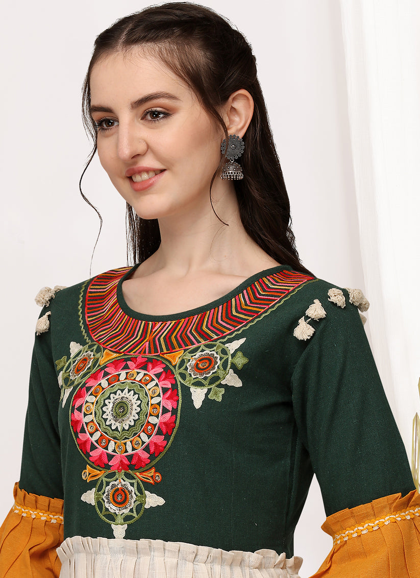 Green and Yellow Cotton Embroidered Navaratri Kedia