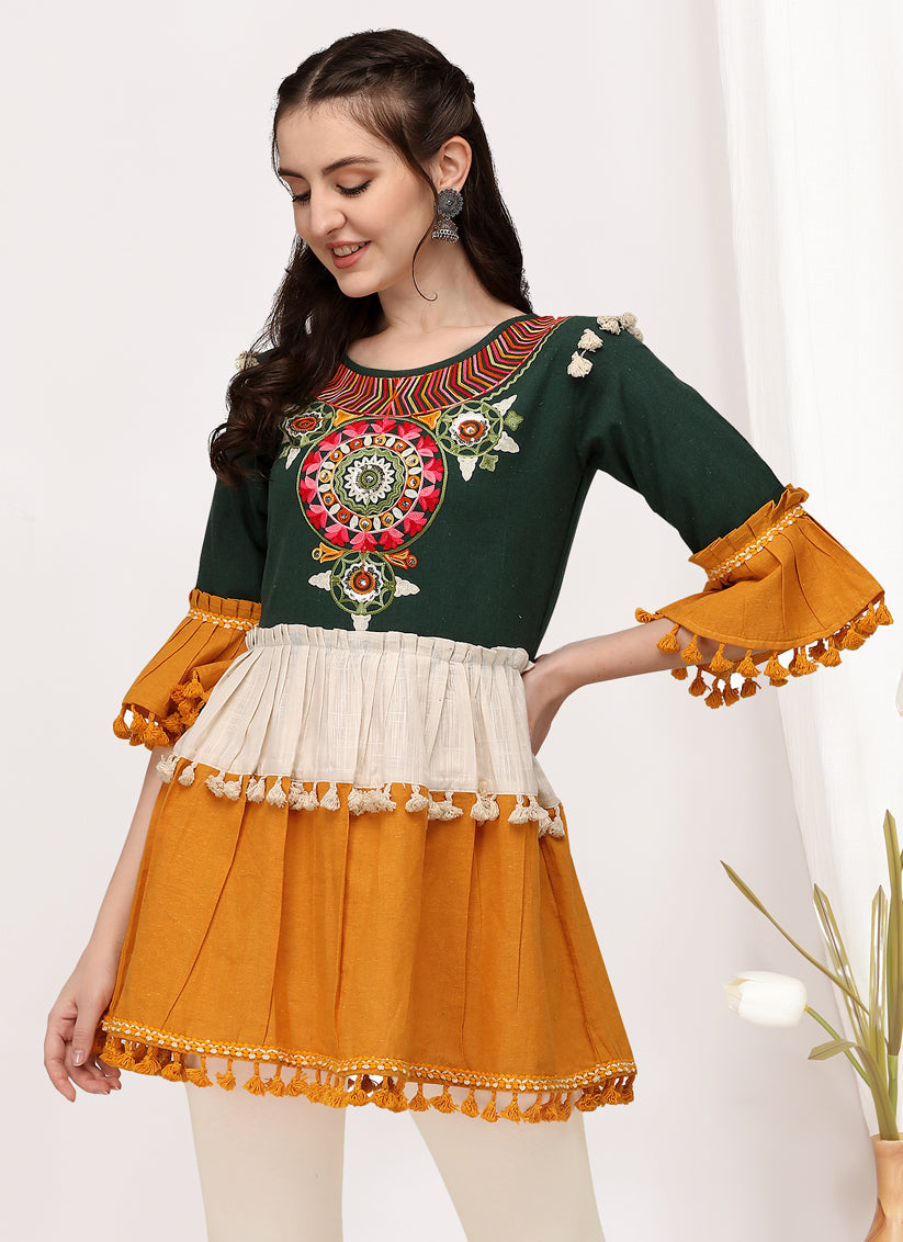 Green and Yellow Cotton Embroidered Navaratri Kedia
