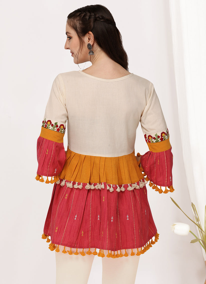 Cream and Pink Cotton Embroidered Navaratri Kedia