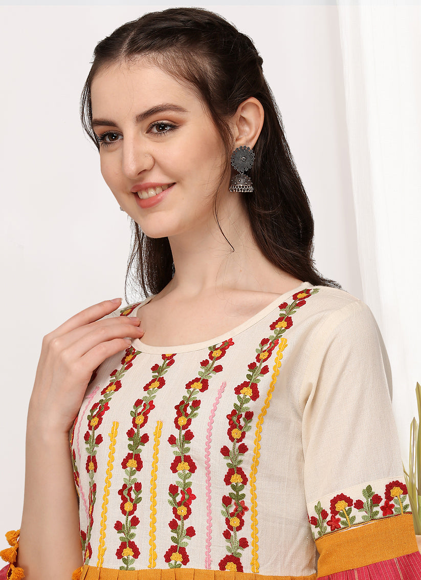 Cream and Pink Cotton Embroidered Navaratri Kedia