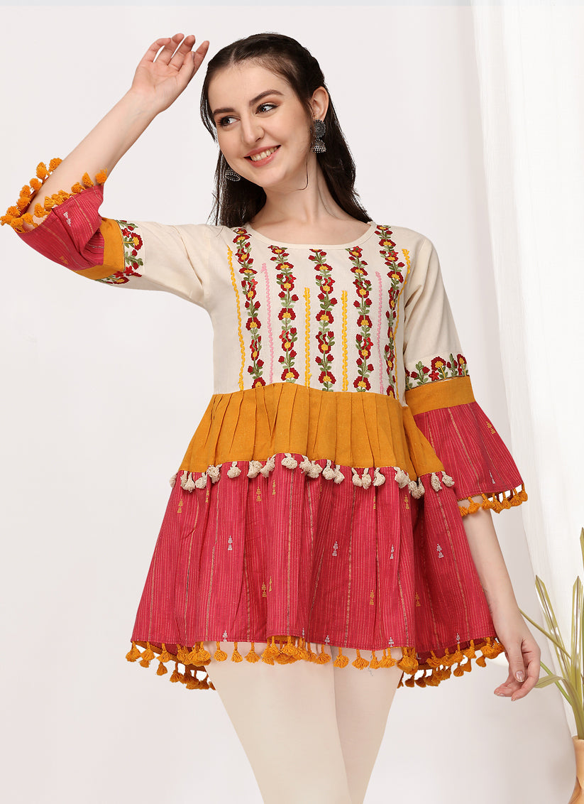 Cream and Pink Cotton Embroidered Navaratri Kedia