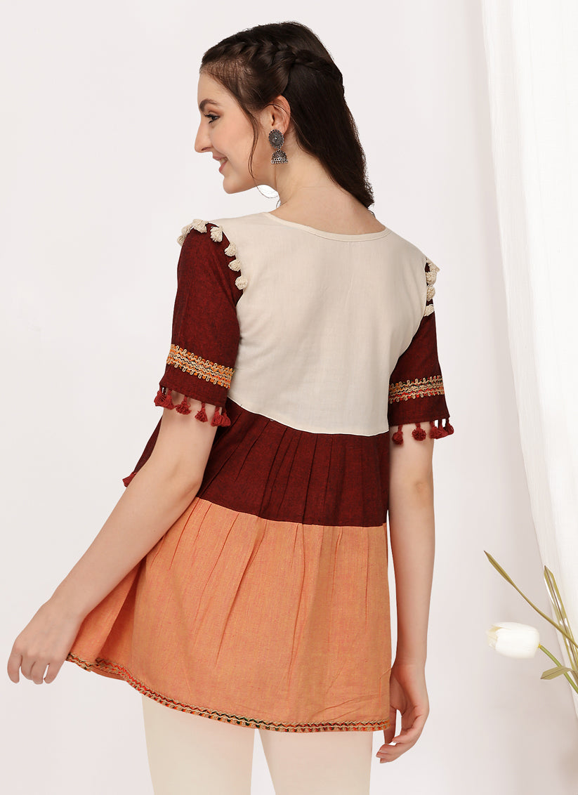 Maroon and Peach Cotton Embroidered Navaratri Kedia