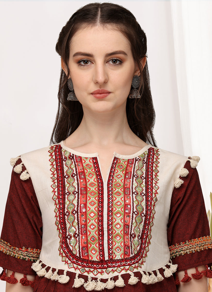 Maroon and Peach Cotton Embroidered Navaratri Kedia