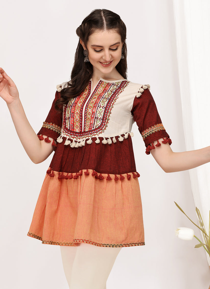 Maroon and Peach Cotton Embroidered Navaratri Kedia
