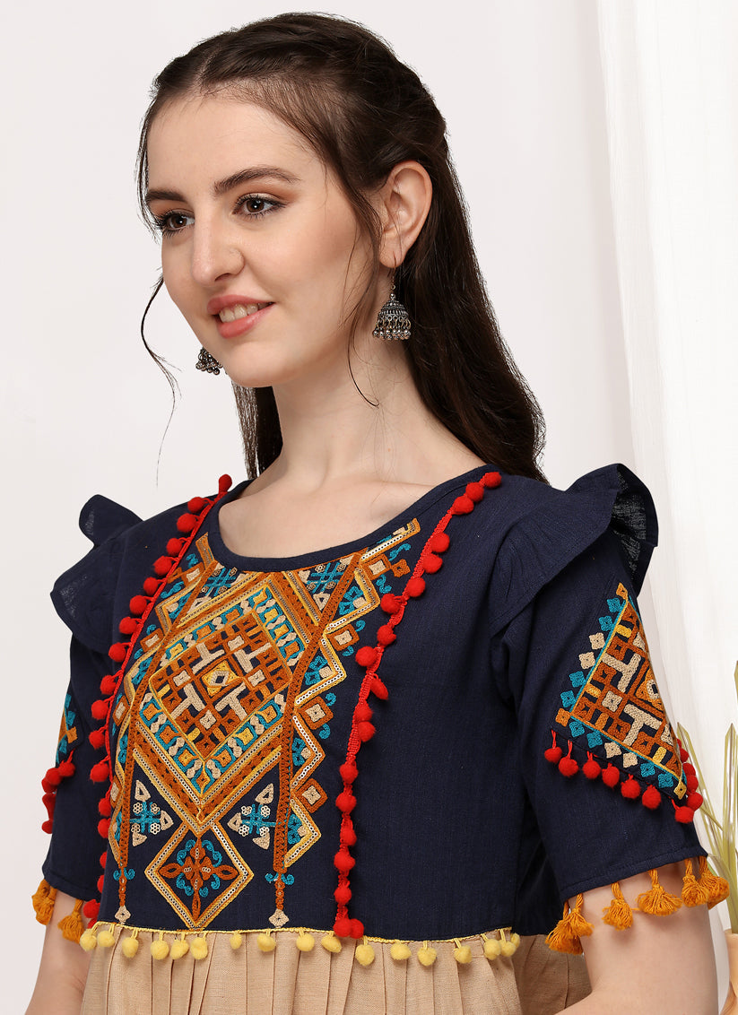 Navy Blue and Red Cotton Embroidered Navaratri Kedia
