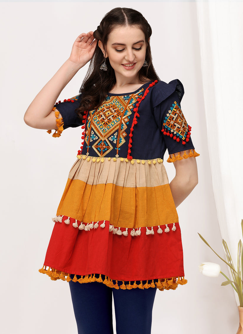 Navy Blue and Red Cotton Embroidered Navaratri Kedia