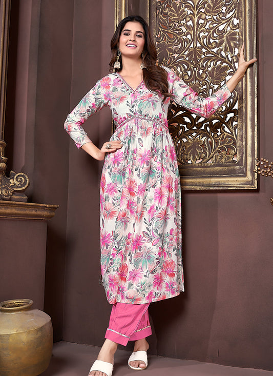 White Rayon Readymade Alia Cut Salwar Kameez