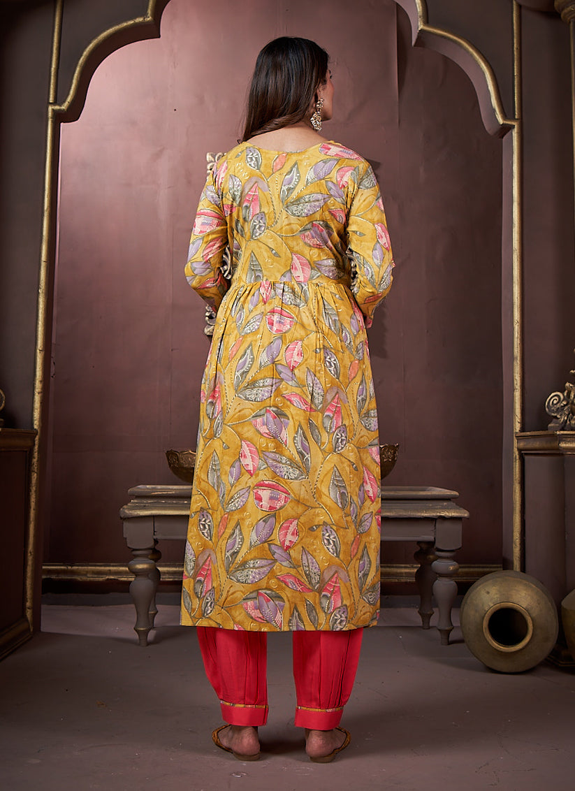 Mustard Yellow Rayon Readymade Pant Kameez Suit