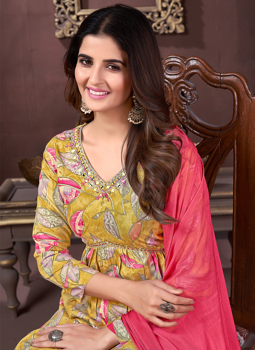 Mustard Yellow Rayon Readymade Pant Kameez Suit