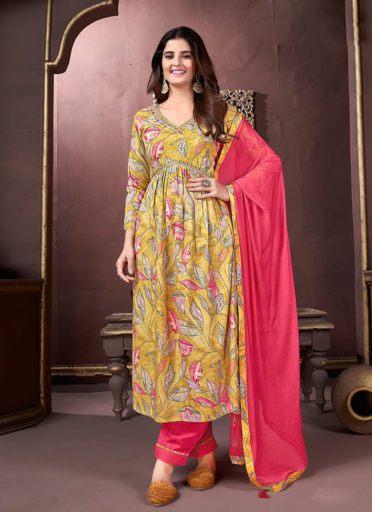 Mustard Yellow Rayon Readymade Pant Kameez Suit