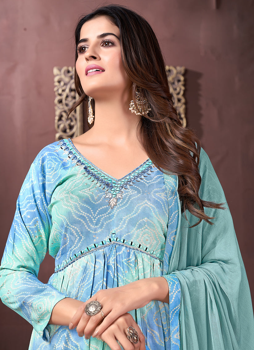 Sky Blue Rayon Readymade Pant Kameez Suit