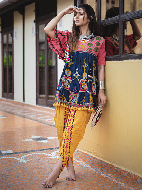 Navy Blue Khadi Embroidered Kedia with Dhoti