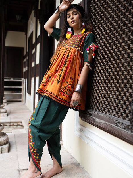 Deep Green and Orange Khadi Embroidered Kedia with Dhoti