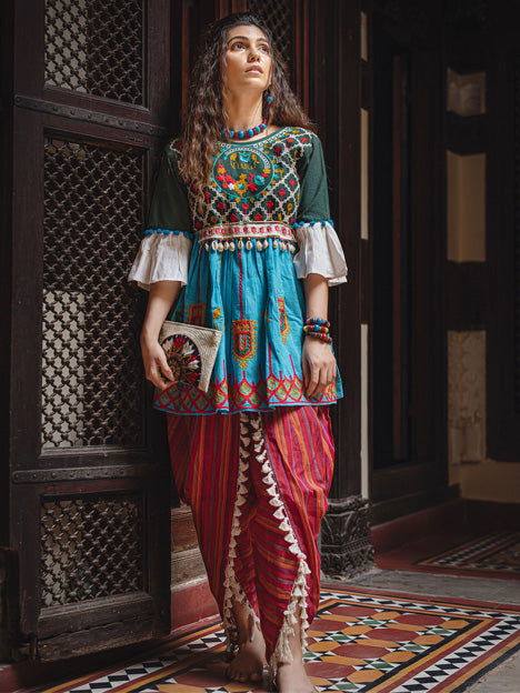 Deep Green and Sky Blue Khadi Embroidered Kedia with Dhoti
