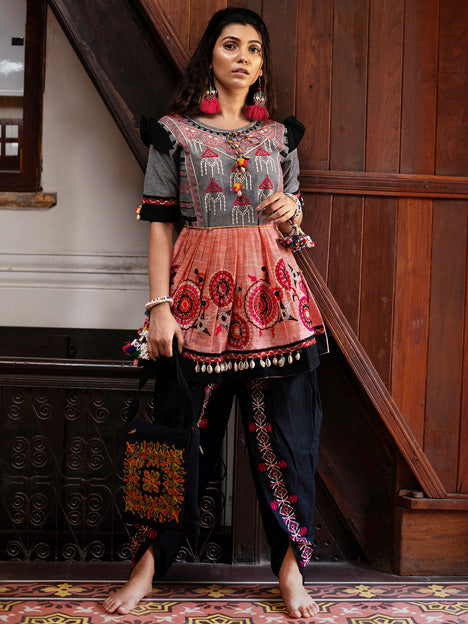 Peach and Grey Khadi Embroidered Kedia with Dhoti
