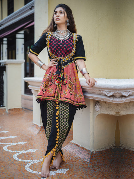 Black Khadi Embroidered Kedia with Dhoti