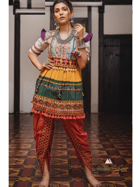 Multi Color Khadi Embroidered Kedia with Dhoti