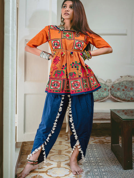 Orange Khadi Embroidered Kedia with Dhoti