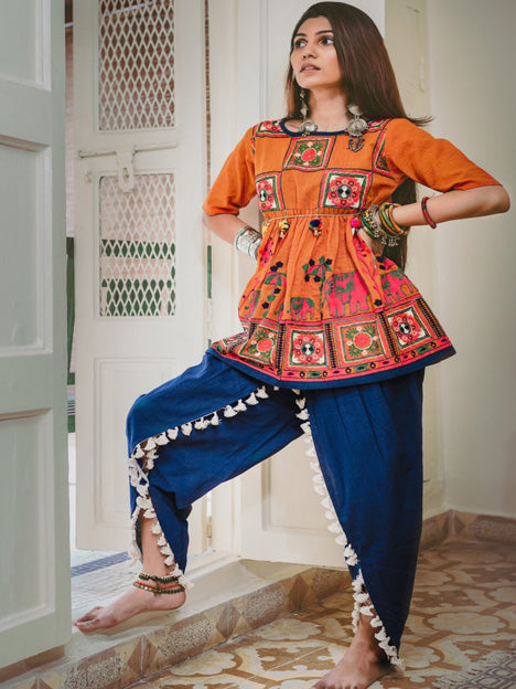 Orange Khadi Embroidered Kedia with Dhoti