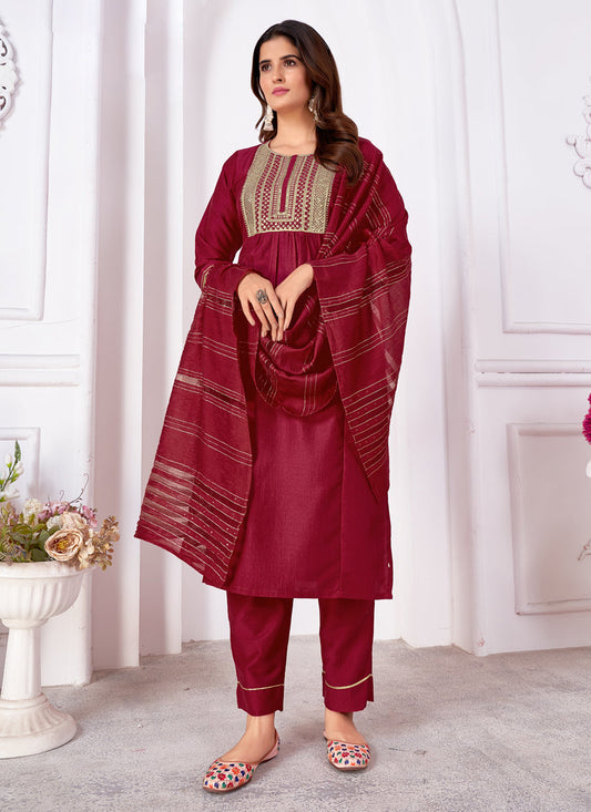 Maroon Silk Sequins Embroidered Pant Kameez Suit