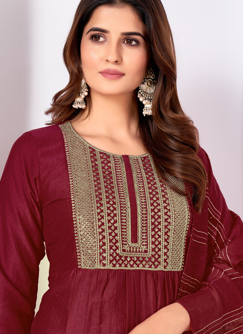 Maroon Silk Sequins Embroidered Pant Kameez Suit