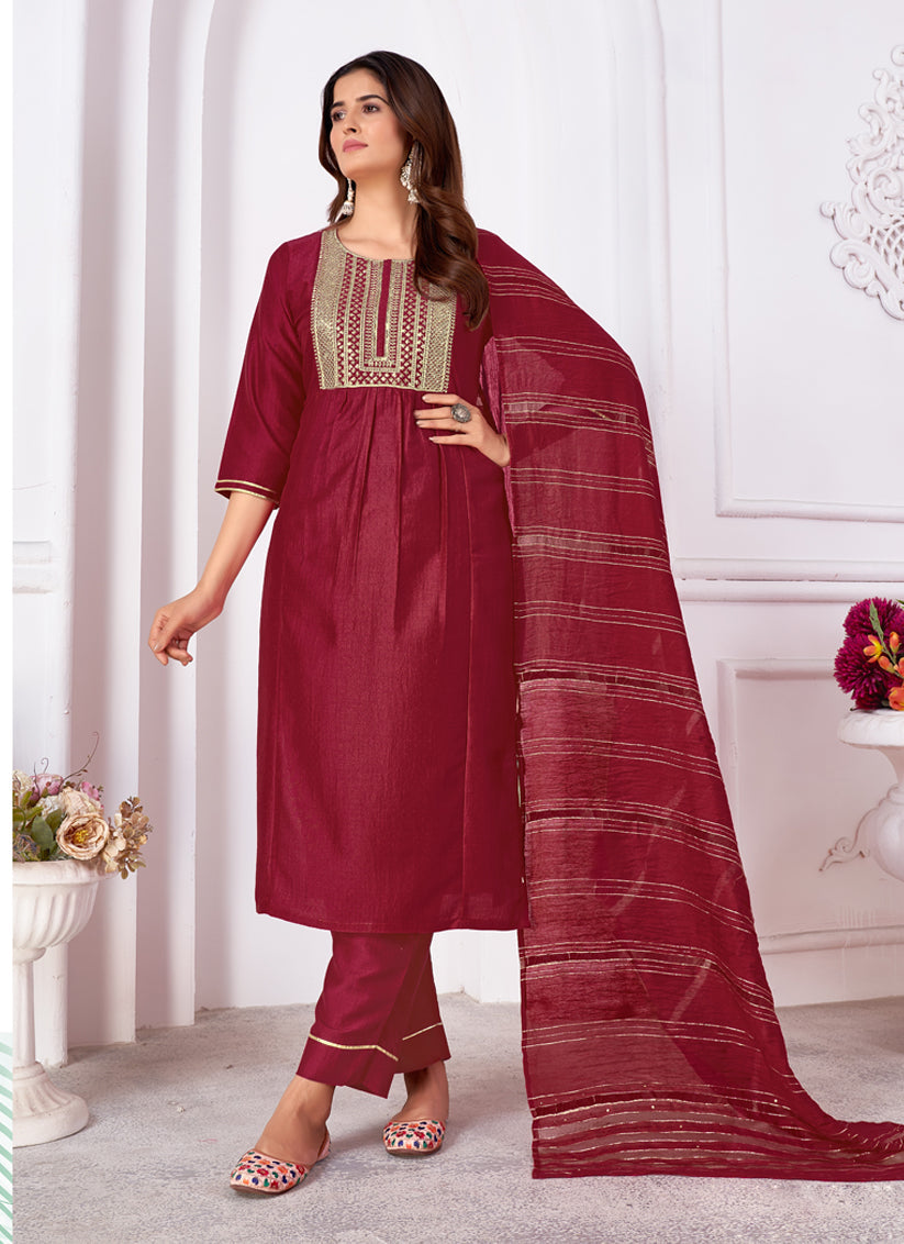 Maroon Silk Sequins Embroidered Pant Kameez Suit