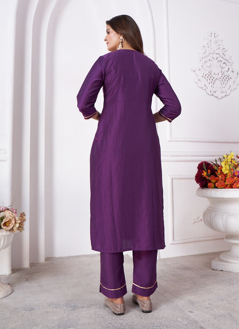 Purple Silk Sequins Embroidered Pant Kameez Suit