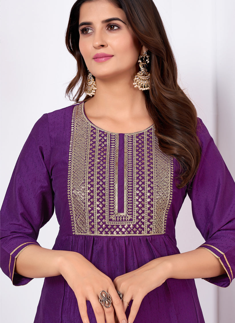 Purple Silk Sequins Embroidered Pant Kameez Suit