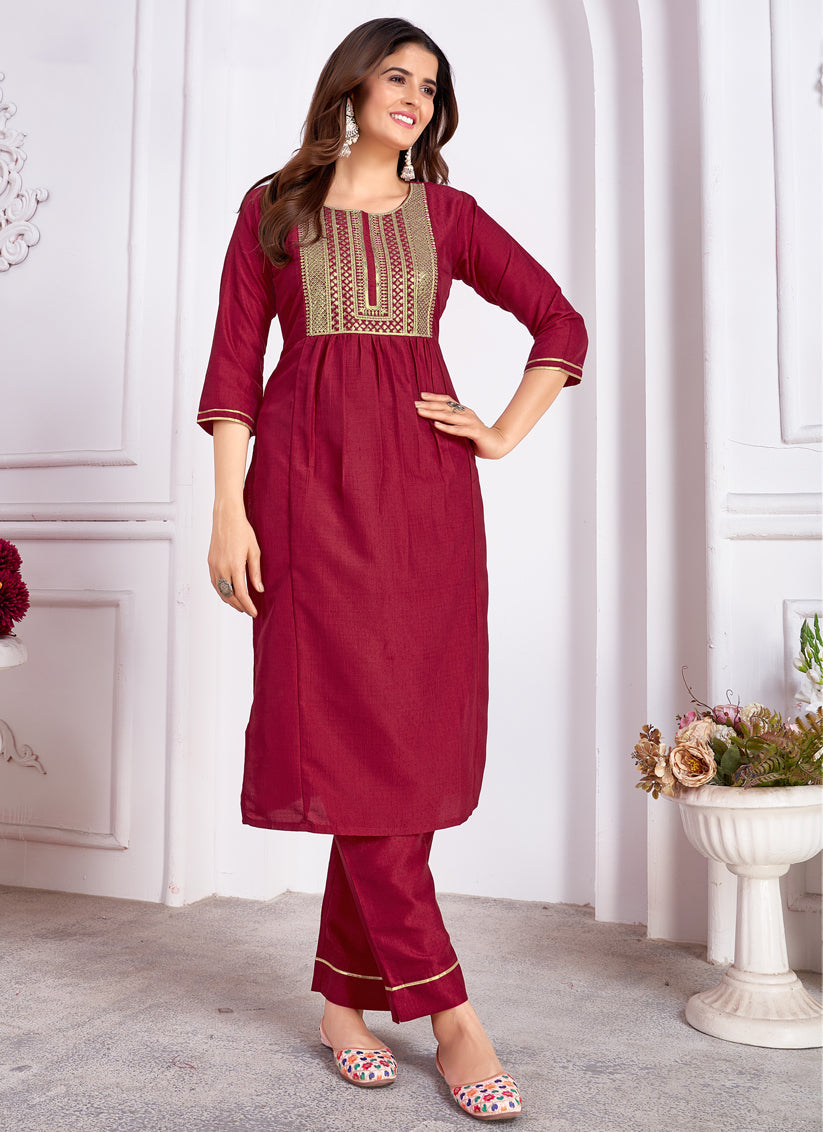 Maroon Silk Sequins Embroidered Pant Kameez Suit