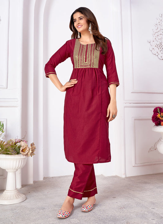 Maroon Silk Sequins Embroidered Pant Kameez Suit