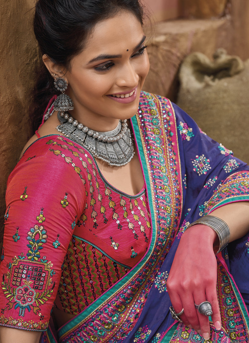 Violet Pure Kutchi Work Banarasi Silk Designer Saree