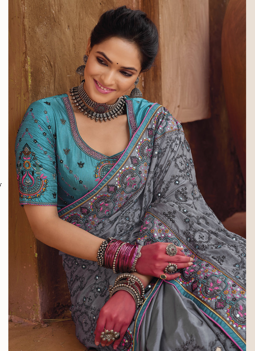 Stone Grey Pure Kutchi Work Banarasi Silk Designer Saree